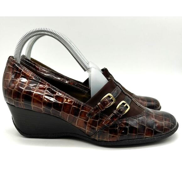 Vtg Circa Joan & David Patent Croc Wedges 9 Brown Mob Wife Y2K Office Siren - Picture 4 of 12